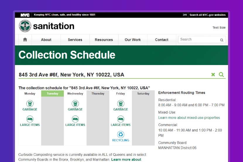 Screenshot of DSNY's Collection Schedule tool